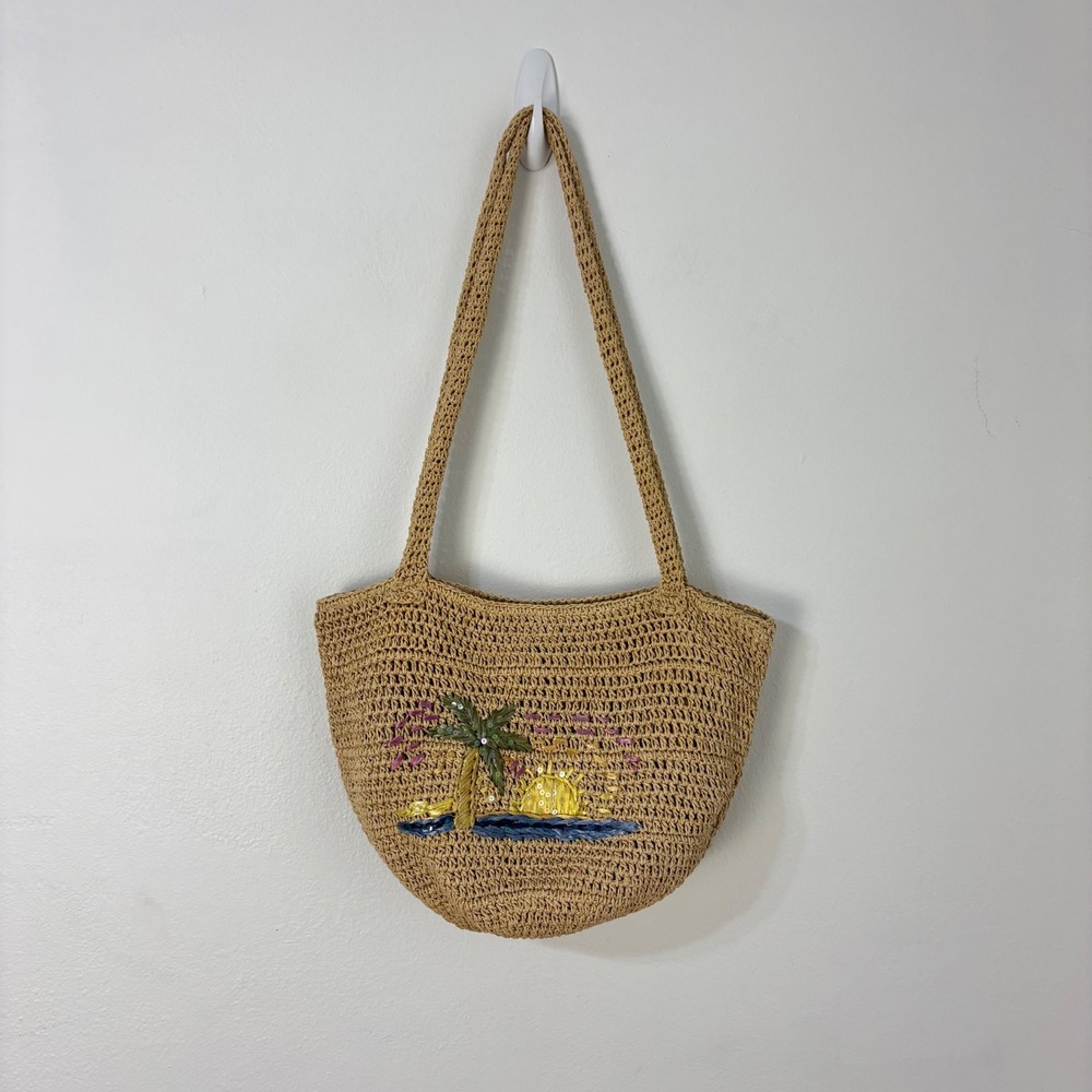 Woven Straw Tote Bag Tropical Beachy Embroidery Purse Vacation Resort Boho Women
